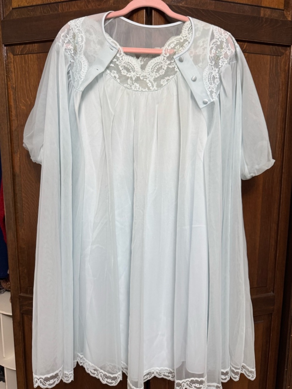 VINTAGE Shadowline Blue Peignoir Set 1960s Lace Sheer Nightgown & Robe Petite